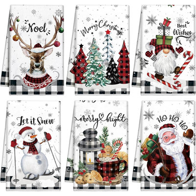 6 essuie-tout de Noël 6 serviettes de bain à carreaux bonhomme de neige bonhomme de neige père Noël wapiti de Noël arbre de Noël chaud cacao biscuit thé thé cadeaux de pendaison de crémaillère pour la maison fête cuisine