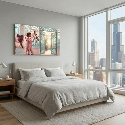 Woman in Pink Riding Suit with White Horse in Conservatory Canvas Wall Art