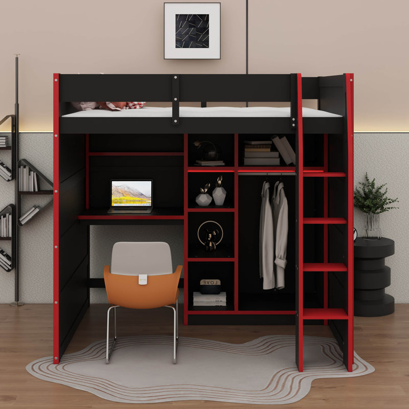 Full Size Wooden Gaming Loft Bed Featuring Desk, Storage Shelves & Built-In Ladder, Equipped With Storage Closet, Red