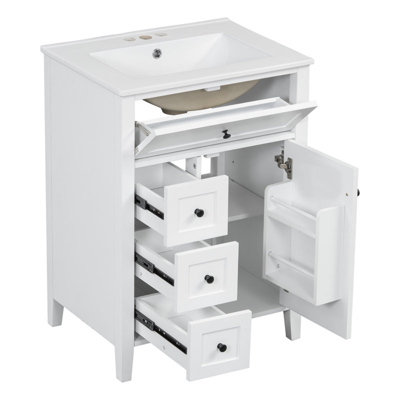 23.95 " W Freestanding Standard Free Standing Single Double Single Vanity Bathroom Vanity With Ceramic Top, White