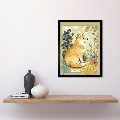 Shiba Inu Dog In Flower Field Modern Pastel Watercolour - Single Picture Frame Print