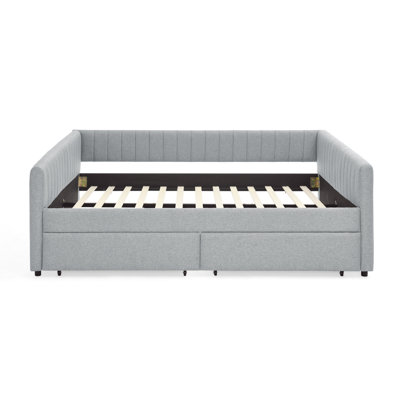 Daybed With Two Drawers Trundle Upholstered Sofa Bed, With Vertical Stripes Linen Fabric