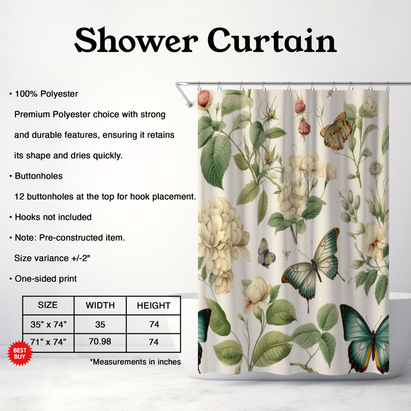 Garden Butterflies - Rideau de douche Premium, H 74 po x l 71 po