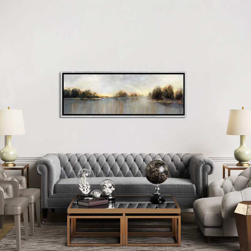 " Rain At Dawn " by Nan, 20" H x 60" W x 1.5" D, Silver Framed