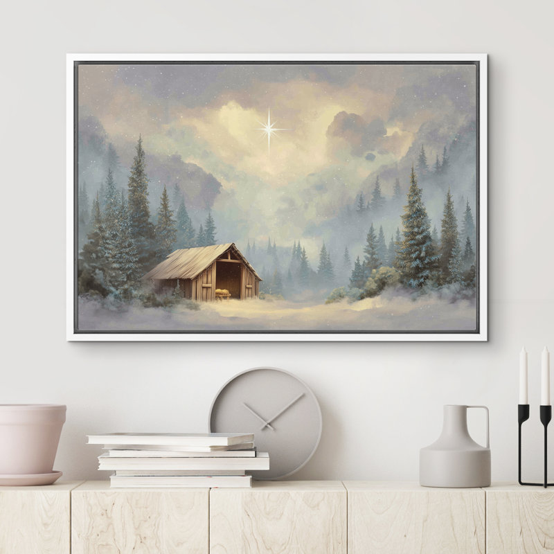 «Snowy Barn Starry Night», chambre à coucher religieuse, décoration murale, chalet d'hiver, H 16 po x l 24 po, Blanc