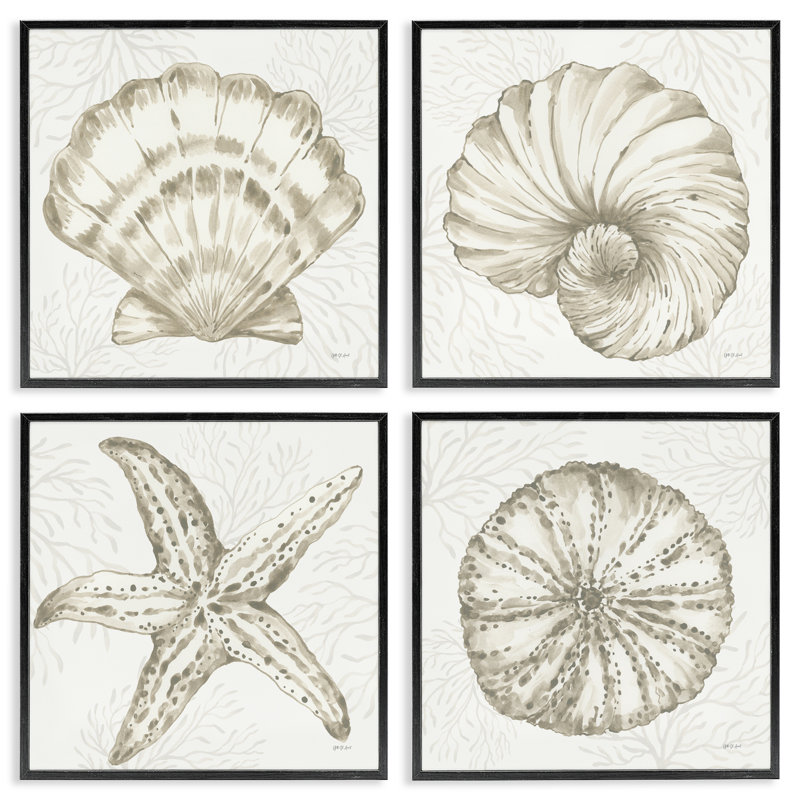 «Neutral Coastal Reef Shells», ensemble de 4 giclées encadrées, design par Yvette St. Amant, H 12 po x l 48 po