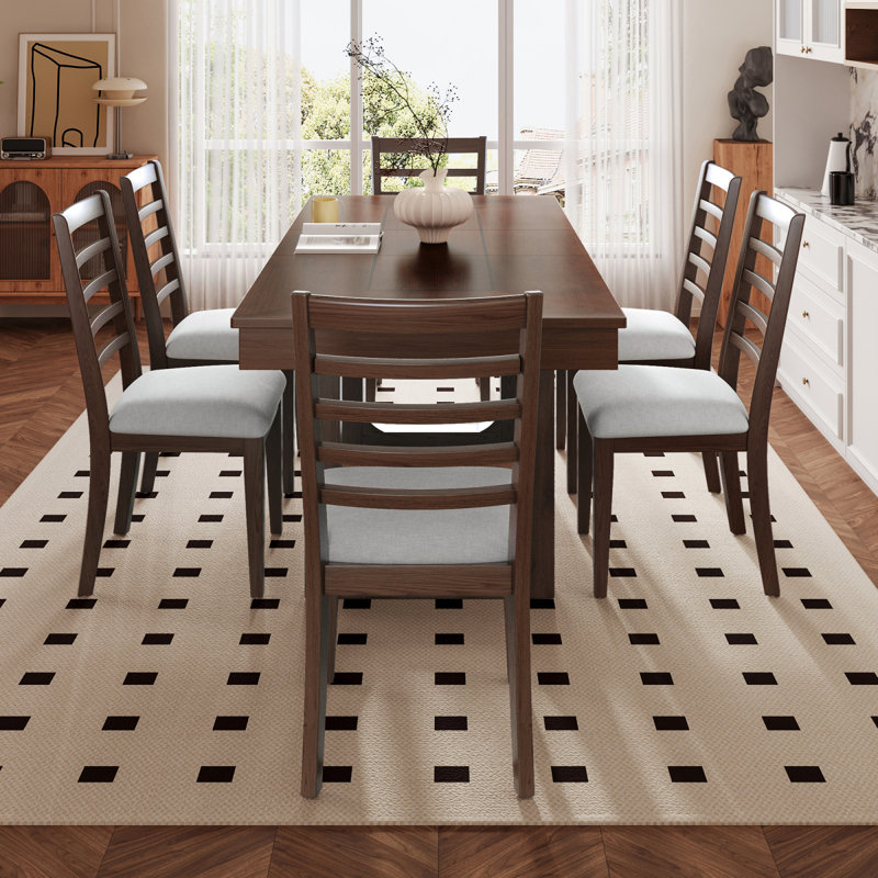 Ensemble de table de salle à manger extensible 7 pièces, table de ferme avec rallonge 18 ", table de cuisine rustique en bois 78" et chaises rembourrées 6 pièces, ensemble de table de salle à manger extensible, noyer et beige