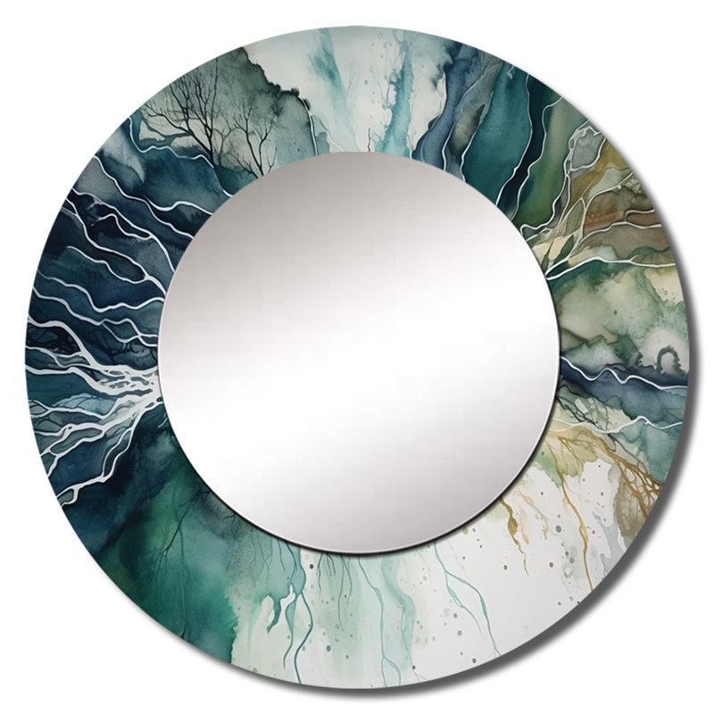 Green Blue Marbled Dreamscape II - Modern Geometric Round Mirror Wall Decor_MTMIR61798, 29" x 29"