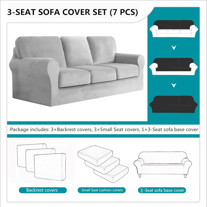 Sofa Cover With Separate Seat Cushions And Backrests Stretch Velvet Sofa Slipcover Couch Covers Furniture Protector Split Combined (3-Seat Set 7 PCS)