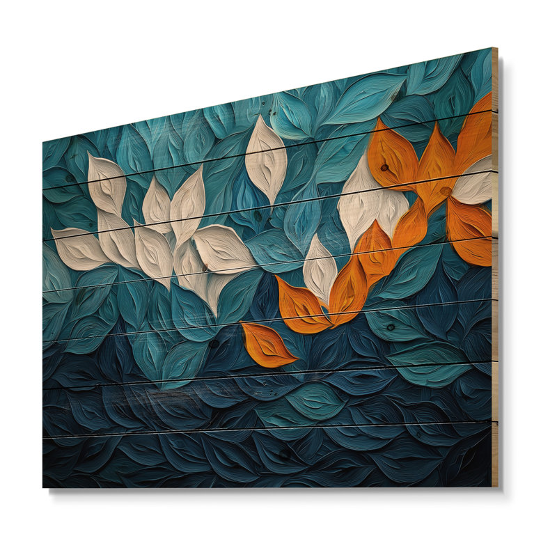 Botanical Leaves Harmony Into The Ocean I - Décoration murale en bois de feuilles - sur bois de pin naturel