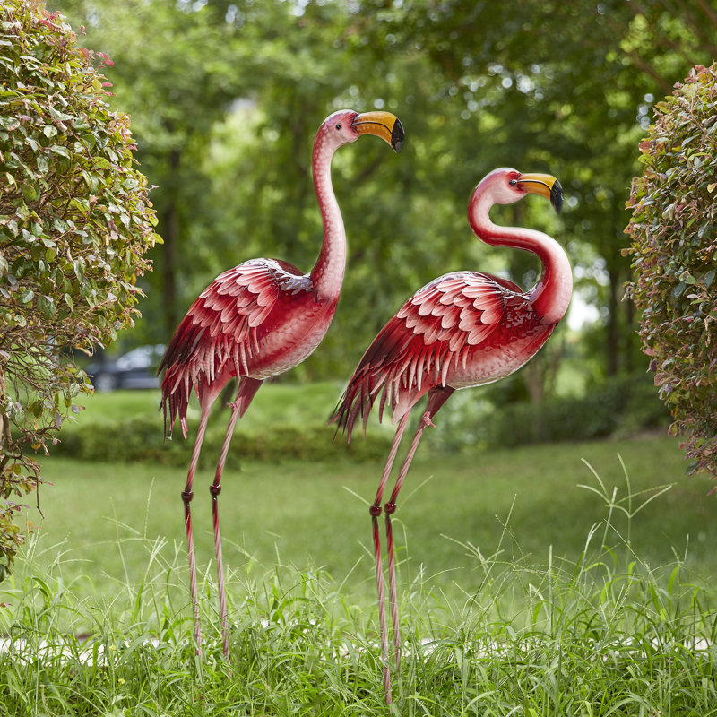 Statue de jardin flamant rose en métal 2 pièces 36-38 pouces