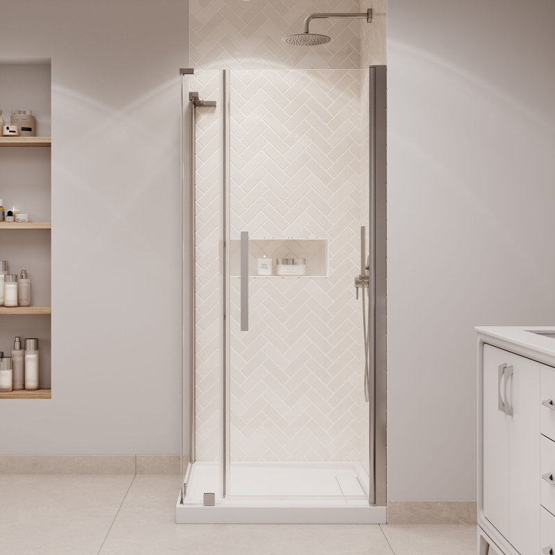 OVE Decors Pasadena Corner Frameless Pivot Shower Door Kit With Base Pan, 2025, Satin Nickel, 74.8"H x 36"W x 36"D