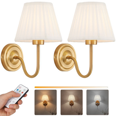 Wireless Wall Sconce Set of 2, Gold Battery Operated Wall Lights with 3 CCT Colour Temperature & Dimmable Magnetic Bulb and Remote, Rechargeable Wall Decor Lamp for Bedroom Living Room Hallway