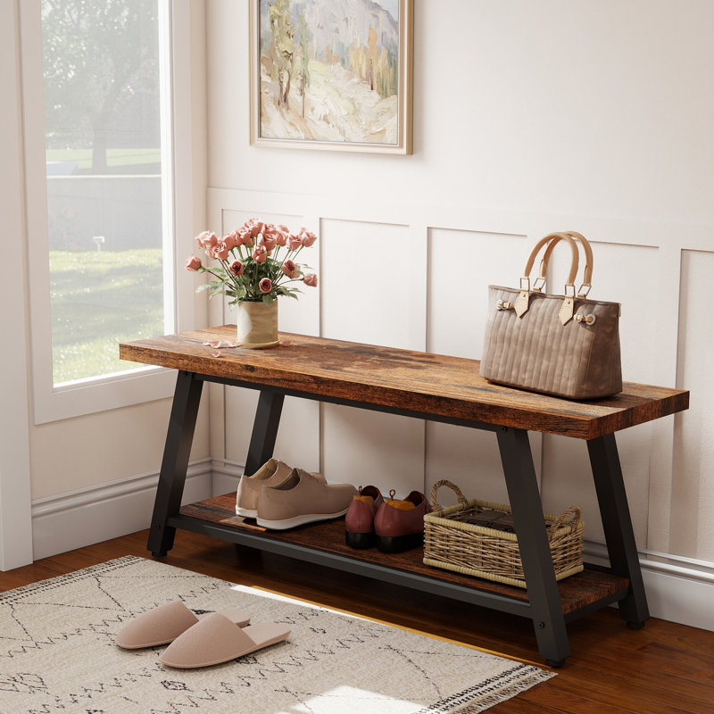 Banc de 43 po en bois rustique pour hall d'entrée - Conception de style campagne moderne, comme banc de bout de lit, banc de rangement pour le vestibule et siège de salon