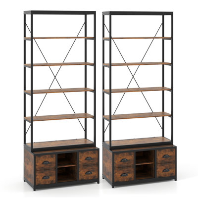 Bibliothèque autoportante 79 po à 2 niveaux avec 2 tiroirs en tissu et 2 tiroirs 2 pièces