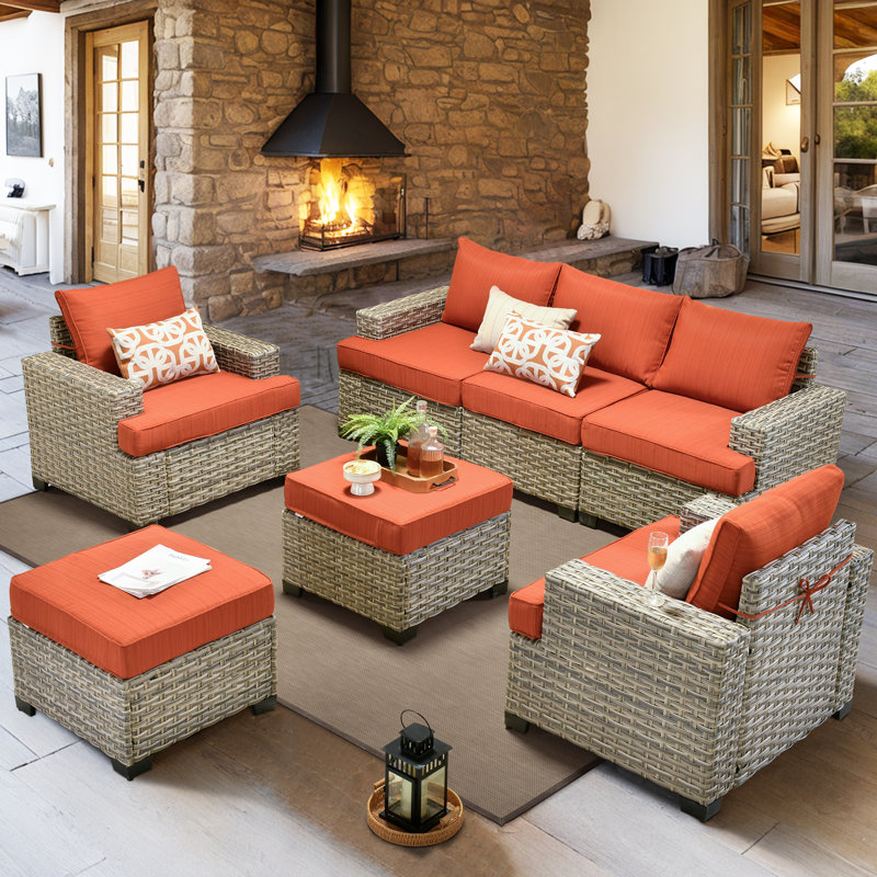 Outdoor Furniture 7 Pieces Set With Ottoman, Orange