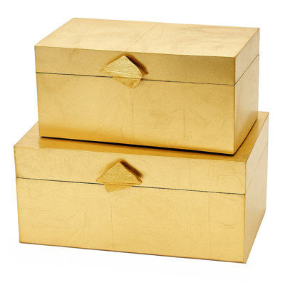  Ensemble de 2 boîtes de rangement décoratives en bois avec accents dorés - boîtes pour clés, bibelots, bijoux, maquillage, accessoires, bricolage, gadgets, bureau personnel, salon, chambre à coucher et décor de vestibule, doré
