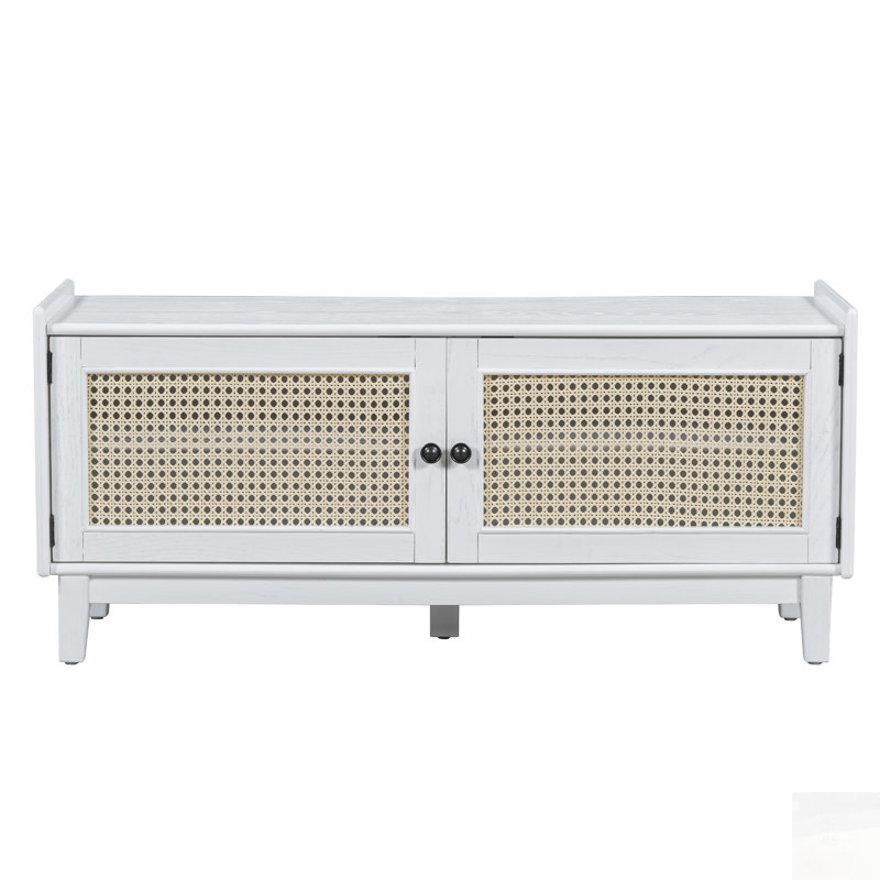 Banc en rotin pour hall d'entrée avec rangement, banc à chaussures rembourré avec portes doubles, banc de rangement en bois pour hall d'entrée et couloir