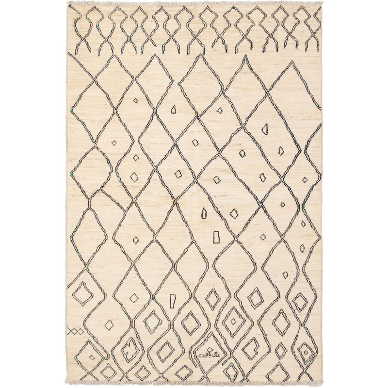 Tapis en laine crème/brun 4 pi x 9 pi 5 po one-of-kind à la main noué la Grogan