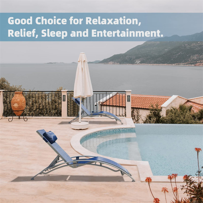 Outdoor Chaise Lounge Set Of 2 Patio Recliner Chairs With Adjustable Backrest And Removable Pillow For Indoor&Outdoor Beach Pool Sunbathing Lawn (Blue,2 Lounge Chair)