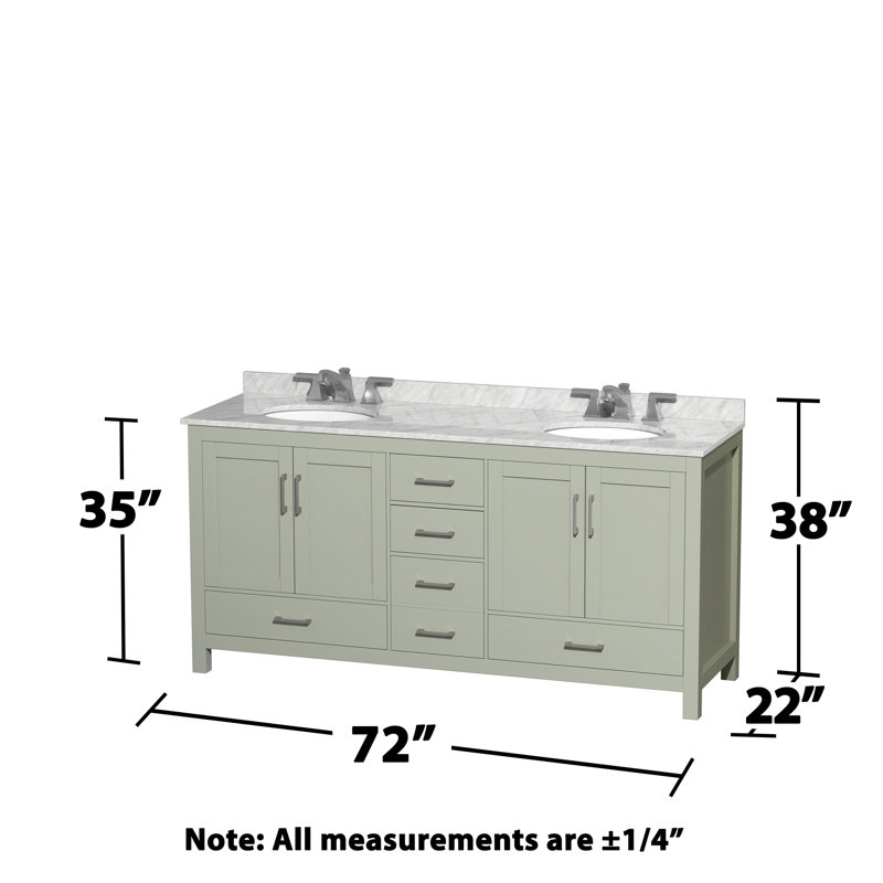 Sheffield 72" Double Bathroom Vanity Set with Mirror, White Carrara Marble, 8" Widespread, Light Green