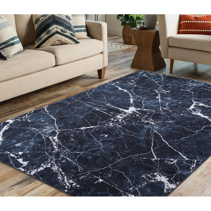 Lyanne Washable Non-Slip Marble Black Area Rug, Rectangle 5'3" x 6'9"