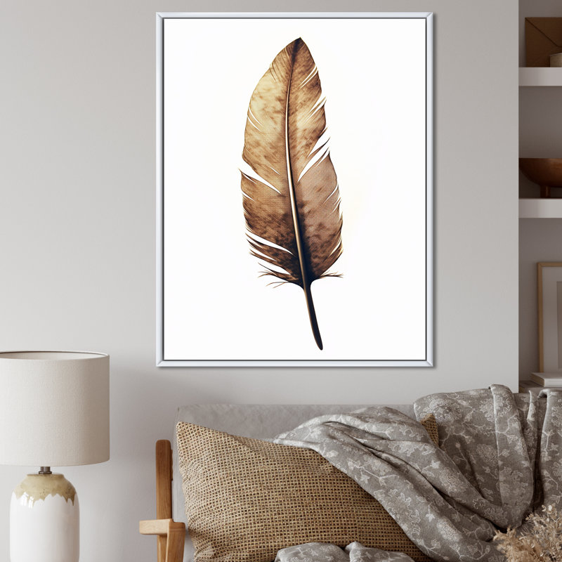 «Brown Boho Feather on White Watercolor», reproduction d'art sur toile, Cadre flottant blanc, H 44 po x l 34 po x P 1,5 po