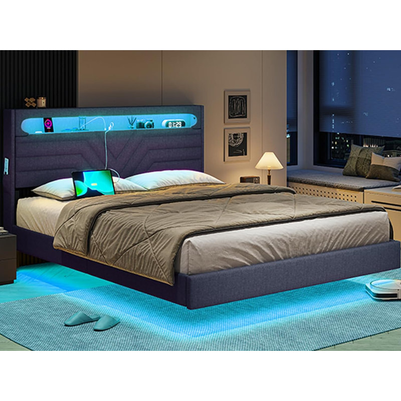 Structure de lit flottant pour grand lit avec tête de lit avec lumières à DEL RVB, combo d'alimentation USB-C / A, lit plateforme tapissier en lin avec tête de lit, structure stable innovante, gris foncé