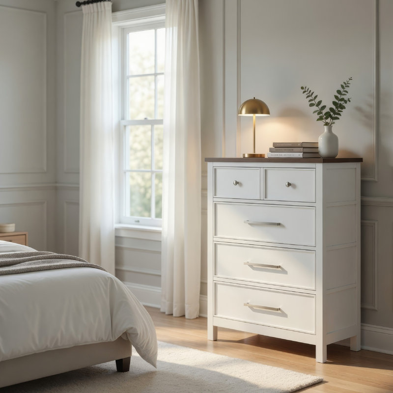 Commode Tela, 5 tiroirs avec poignées nickel, blanc et brun