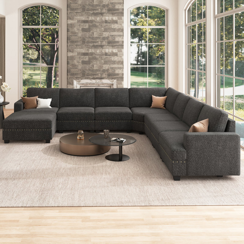 Anureet Oversized Modular Sectional U Shaped Corner Sofa With Storage Ottman, Dark Gray Polyester