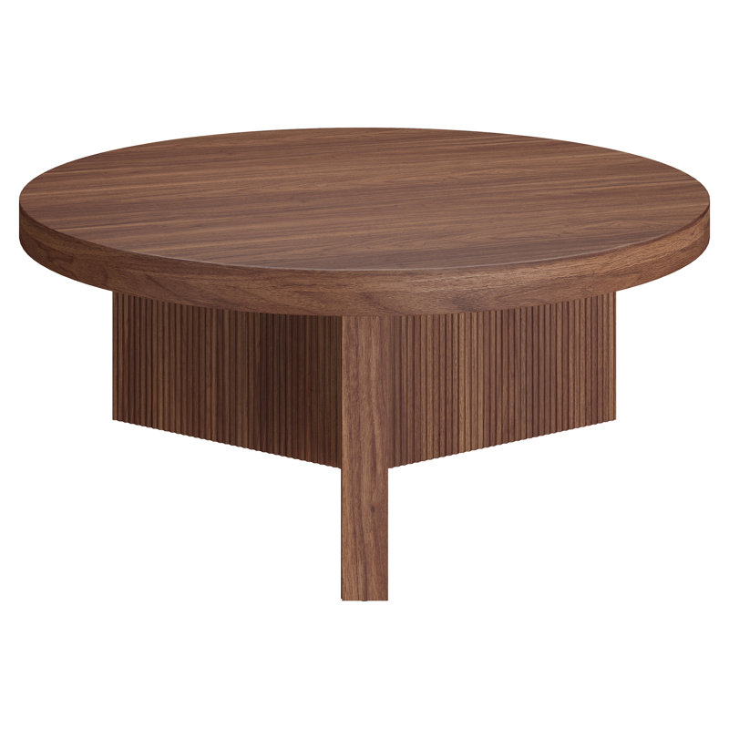 36" Wide Round Coffee Table with Fluted Base — Satin Walnut Scandinavian MDF Center Table for Living Room | Holm