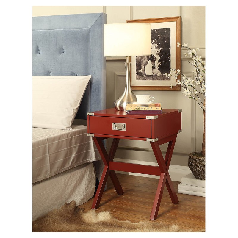 Table d'appoint Babs à finition rouge - table d'appoint carrée moderne avec tiroir de rangement, table de bout en X pour salon et chambre à coucher