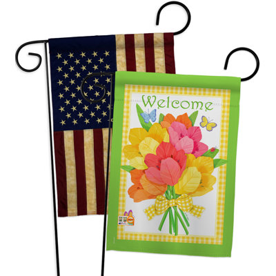 Ensemble de 2 drapeaux de jardin décoratifs en polyester à 2 côtés 19 po de bouquet de fleurs welcome