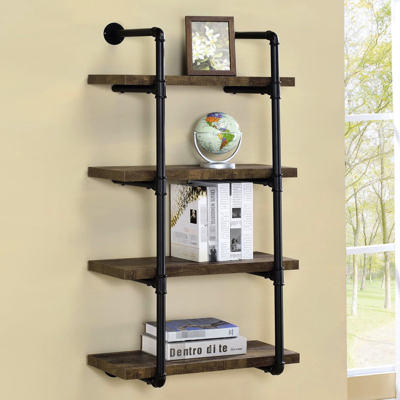 Étagère rustique en chêne et noir à 4 niveaux pour bureau, design