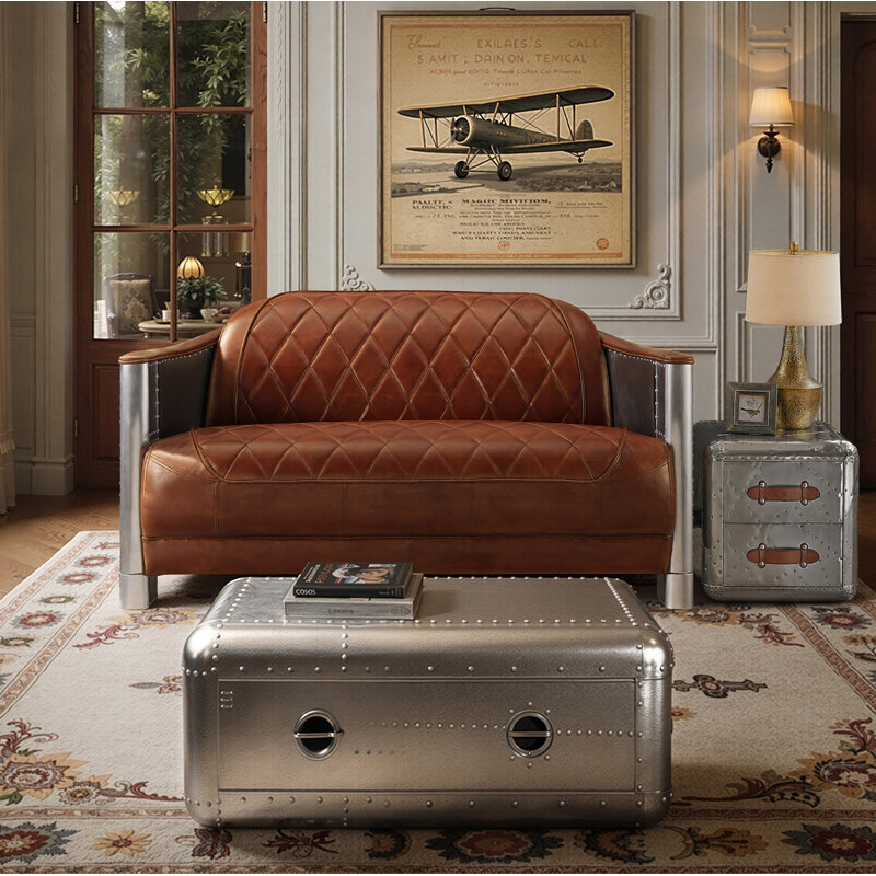 Paynesville 52.36'' W Industrial Retro Diamond-Tufted Full Grain Genuine Leather Loveseat Sofa