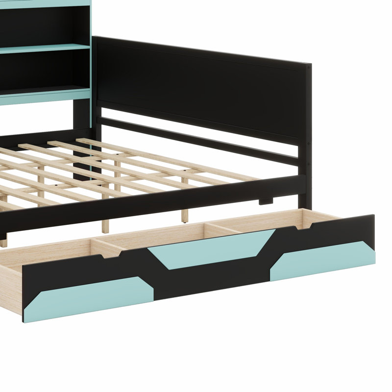 Gaming Style Daybed with LED Lights, Built-in Desk and 3 Storage Drawers, Black+Blue, Queen