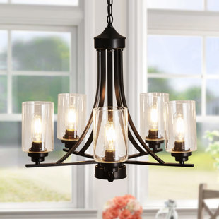 5-Light 21.25" Wagon Wheel Chandelier with Glass Shade