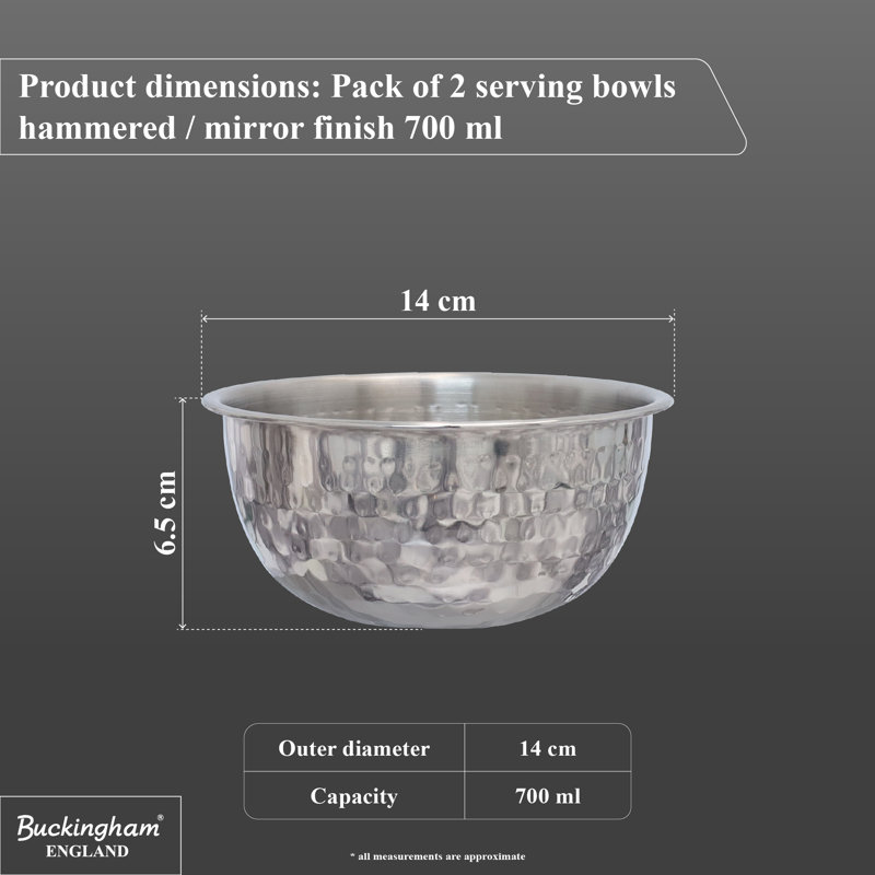 Buckingham Pack of 2 Hammered Salad Mixing Bowls Stainless Steel 14cm 0.7L