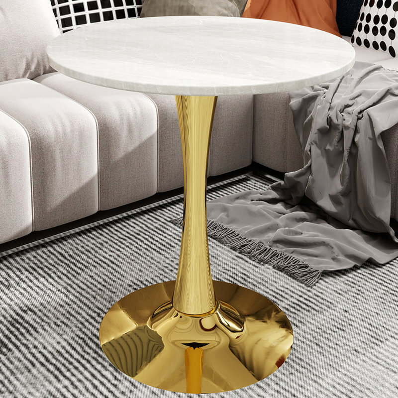 Table d'appoint ronde en marbre avec base piédestal conique, idéale pour le salon, design minimaliste moderne
