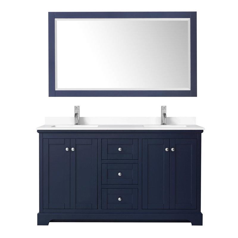 Ensemble de meuble-lavabo double 60 "avec miroir Avery, Marbre de culture de Carrare, Gris foncé, Chrome poli