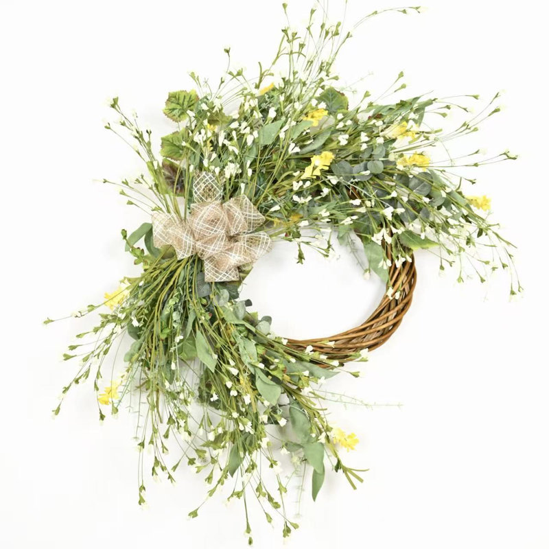 Couronne de porte de 26 po à motif de fleurs sauvages artificielles printemps et été, Vert/blanc