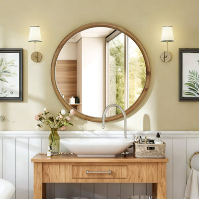Miroir mural rond rond en bois naturel 27,56 po pour salle de bain, chambre à coucher, entrée