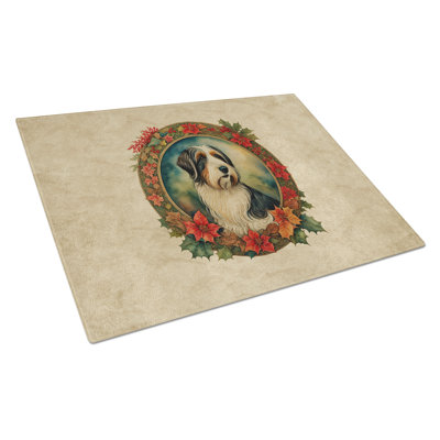 Bearded Collie Christmas Flowers Glass Cutting Board