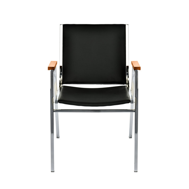 Black Vinyl and Metal Stackable Office Chair with Walnut Armrests