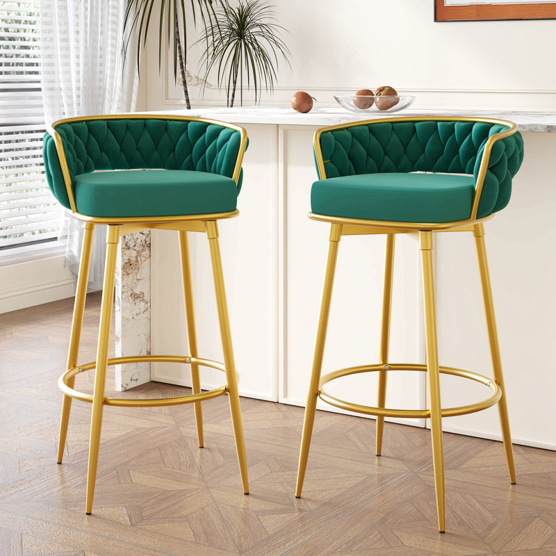 2Pcs Swivel Counter Height Bar Stools,31.5"Bar Height Stools With Hand-Woven Backrest & Gold Metal Legs,Low Back Upholstered Kitchen Chairs With Footrest