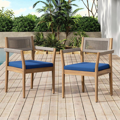 Braided Acacia Wood Outdoor Dining Chairs Set Of 2 – With Rope & Navy Cushions, All-Weather Patio Furniture For Garden, Poolside, And Backyard (Durable & Stylish)
