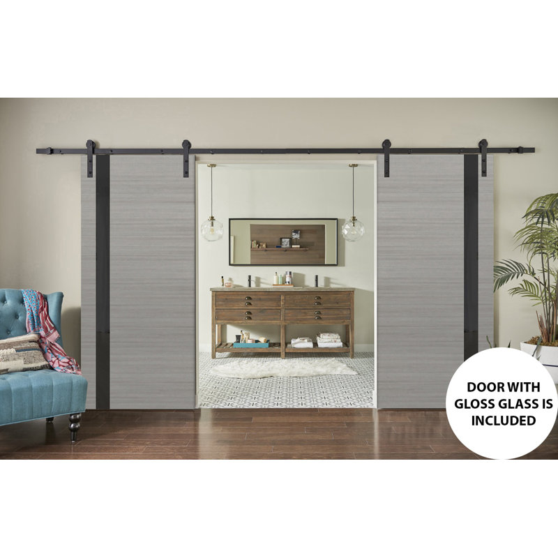 Portes de grange intérieures robustes en bois givré avec ensemble de quincaillerie Planum, 84 po x 80 po, Gris cendré / noir