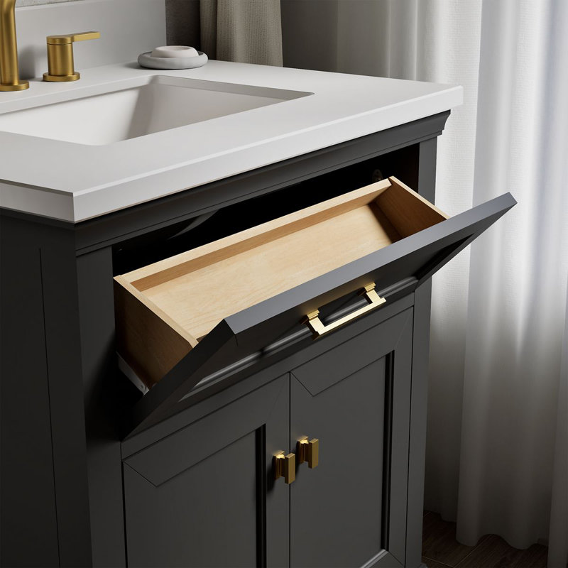 Charlemont 30 In. Bathroom Vanity Cabinet With Sink And Quartz Top, Dark Warm Gray, Brushed Brass, 30"