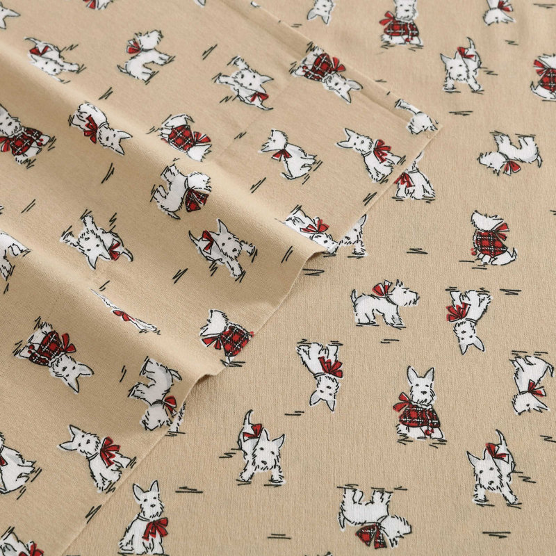 Holiday Scottie Beige Cotton Flannel Twin Bedding Set