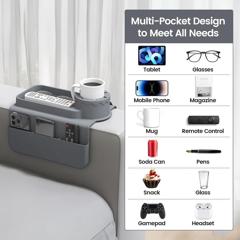 Plateau porte-gobelet pour canapé, organisateur d'accoudoir pour canapé en silicone avec poches latérales Assesory pour les télécommandes de rangement